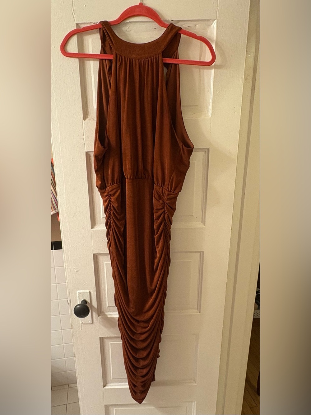 Lulu's Rust Halter Ruched Midi Dress - Picture 2 of 3